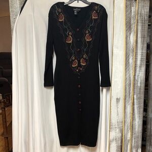 Vintage Carole Little Black Sweater Dress with Colorful Embroidery